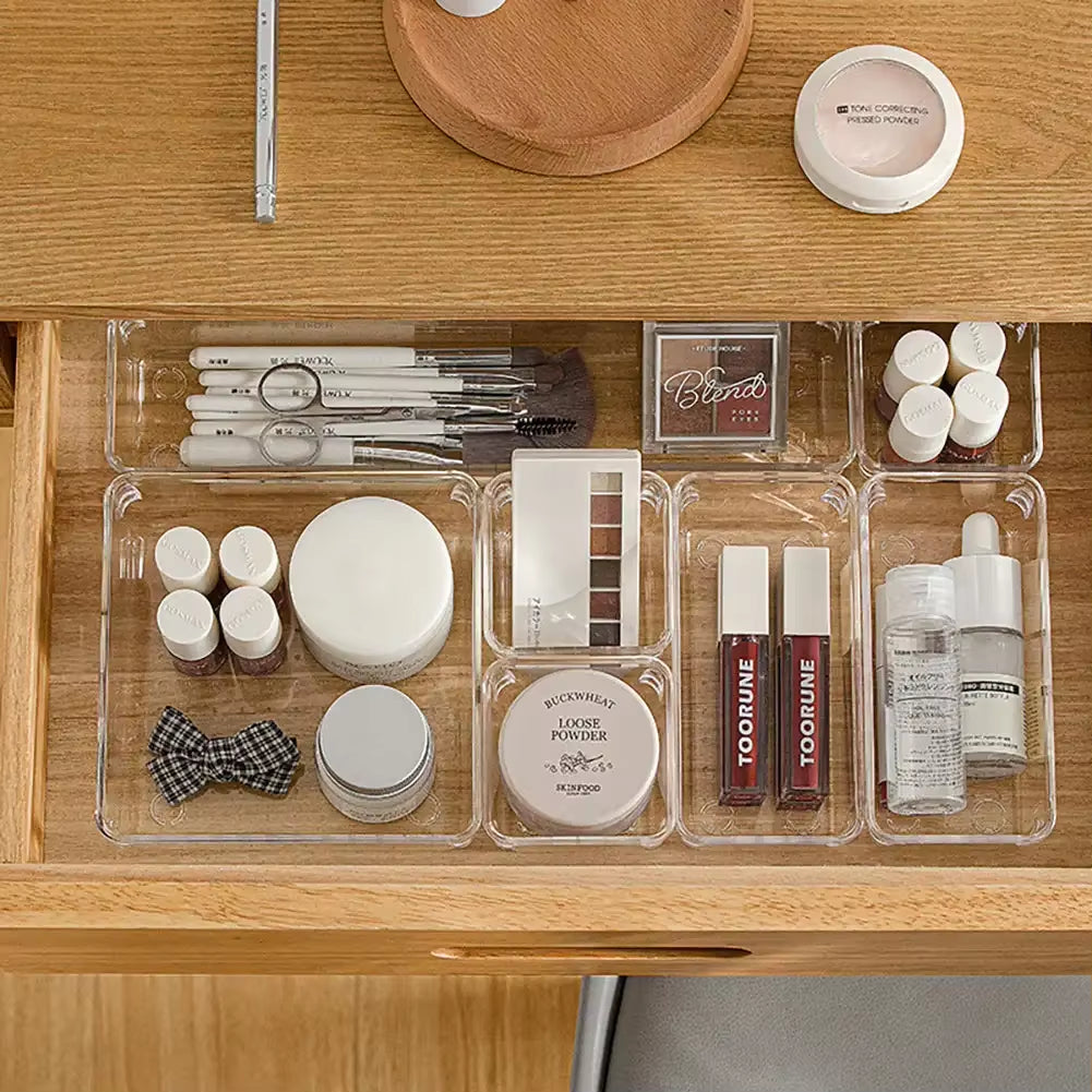 ClearNest Organizer – Transparent Anti-Scratch Drawer Storage Box for Cosmetics, Office & Home