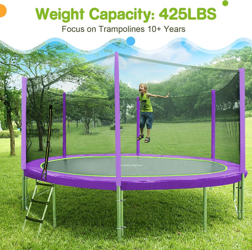15 14 12 10 8FT Trampoline for Kids with Safety Enclosure Net 425LBS Weight Capacity Outdoor Backyards Trampolines with Non-Slip Ladder All Accessories for Children Adults Family